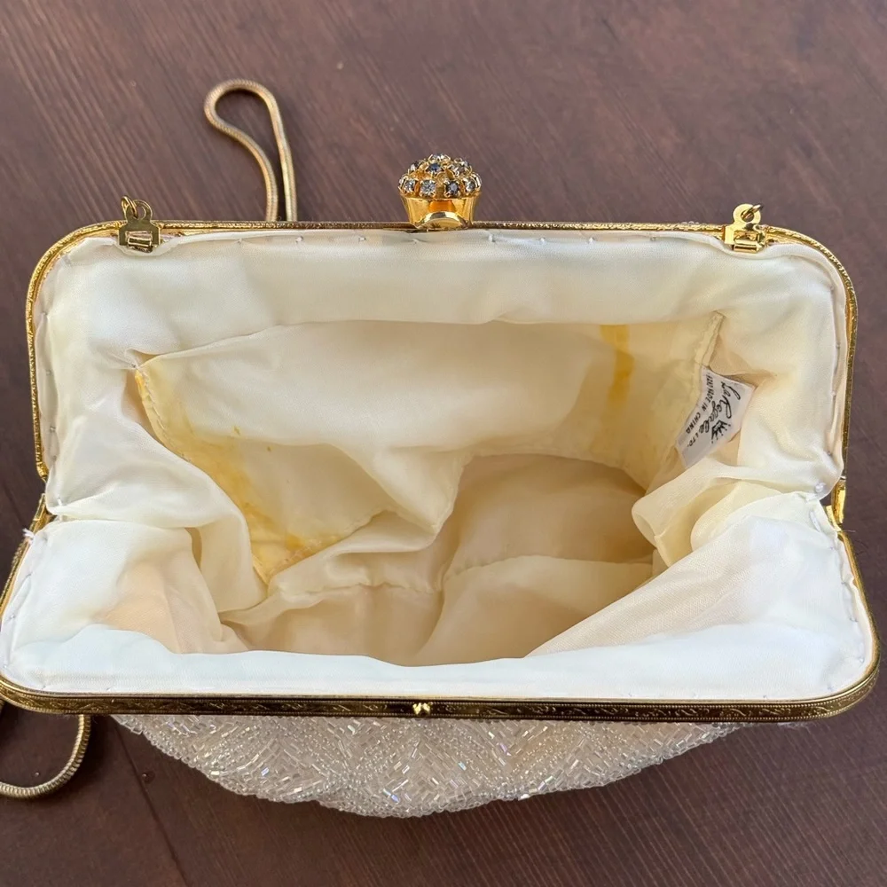 Vintage La Regale LTD Beaded Sequin Ivory Gold Clutch with Rhinestone Clasp
